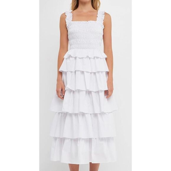 English Factory Women's Smocked Bust Multi Ruffled Maxi Gown Dress - Picture 1 of 7